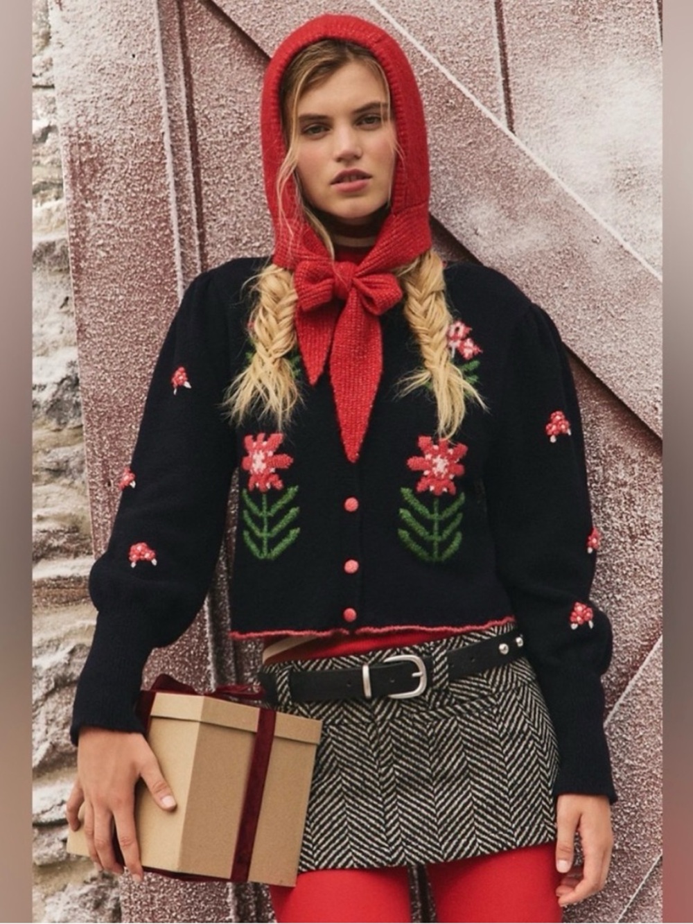Free People Nonna Navy Cardigan with Red Floral Embroidery S NWT
